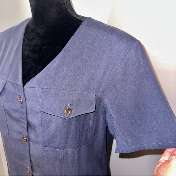 Vintage Halston Size 14 Tencel Pleated Shirtdress Dusty Blue Midi Length - Picture 7 of 9